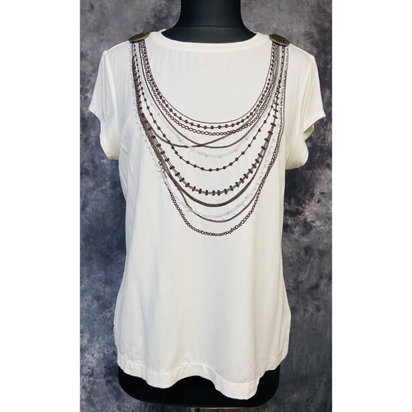 CAbi Tops - CAbi #974 Ivory Embroidered Embellished Beaded Stretch Modal Top Sz Large